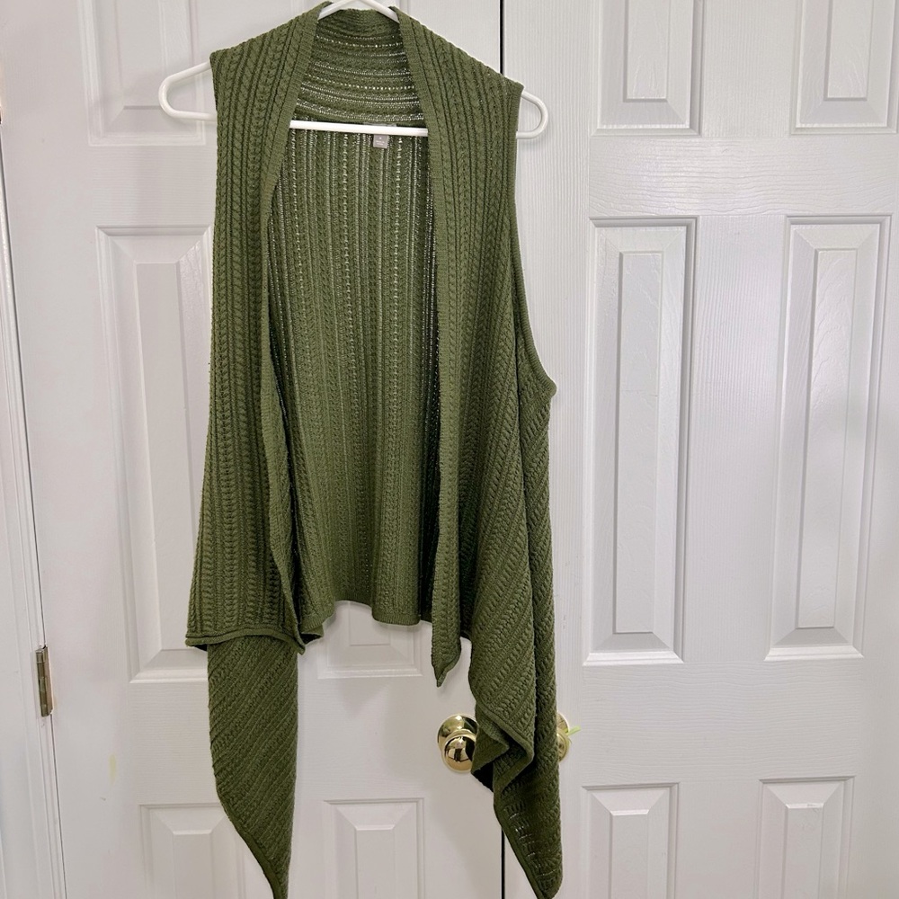 J Jill Olive Green Wool Blend Drape Open Front Cardigan Sweater Vest Size M